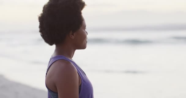 Porträtt Lycklig Afrikansk Amerikansk Kvinna Klädd Sportdräkt Solig Strand Hälsosam — Stockvideo