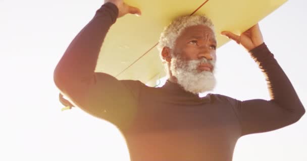 上了年纪的非洲裔美国人和冲浪板一起在阳光灿烂的海滩上散步 健康而活跃的海滨假期 — 图库视频影像