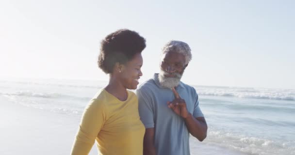 Feliz Pareja Afroamericana Caminando Hablando Playa Soleada Tiempo Saludable Activo — Vídeo de stock