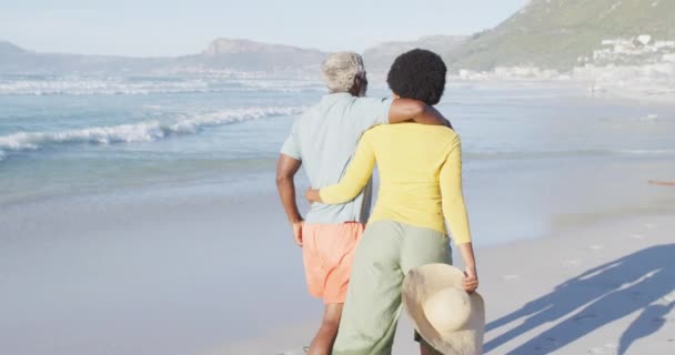 幸せなアフリカ系アメリカ人のカップル歩くと日当たりの良いビーチで抱擁 健康的で活発な時間のビーチホリデー — ストック動画