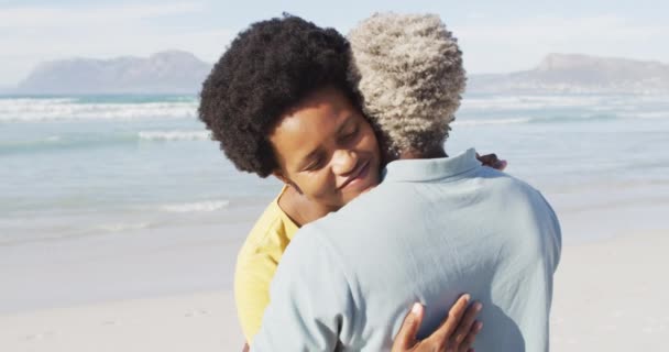 Feliz Casal Afro Americano Dançando Abraçando Praia Ensolarada Férias Praia — Vídeo de Stock