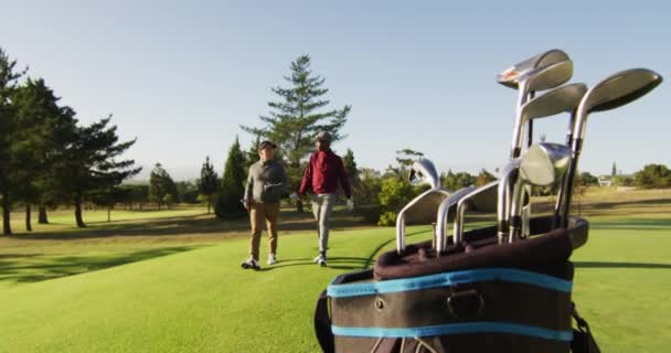 Video Van Diverse Mannelijke Vrienden Die Wandelen Het Golfveld Sportief — Stockvideo