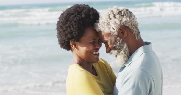 Retrato Una Feliz Pareja Afroamericana Abrazándose Soleada Playa Tiempo Saludable — Vídeos de Stock