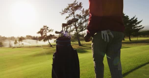 Videoclip Bărbat Afro American Care Pune Cluburi Golf Sac Terenul — Videoclip de stoc