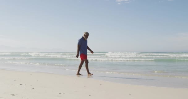 Den Äldre Afrikanske Amerikanske Mannen Går Och Rör Vid Vatten — Stockvideo