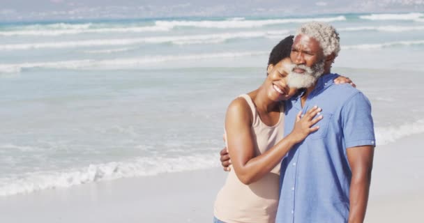 Feliz Casal Afro Americano Abraçando Olhando Para Longe Praia Ensolarada — Vídeo de Stock