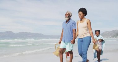 Mutlu Afro-Amerikan çifti güneşli sahilde çocuklarla yürüyor. sağlıklı ve aktif zaman plaj tatili.