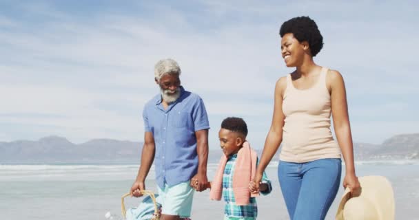 幸せなアフリカ系アメリカ人のカップルの息子と日当たりの良いビーチを歩く 健康的で活発な時間のビーチホリデー — ストック動画