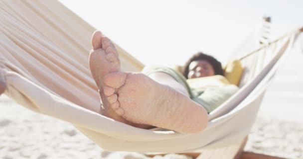 快乐的非洲裔美国女人躺在阳光灿烂的海滩上的吊床上 健康而活跃的海滨假期 — 图库视频影像