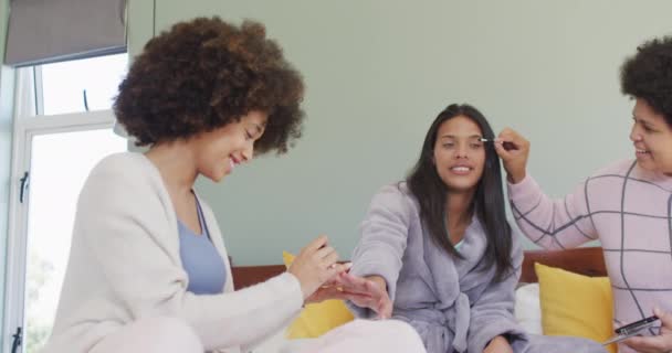 Happy Diverse Female Friends Doing Make Smiling Bedroom Spending Quality Royalty Free Stock Footage