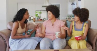 Oturma odasındaki kanepede oturan, konuşan ve gülümseyen çeşitli bayan arkadaşlar. evde kaliteli zaman geçirmek.