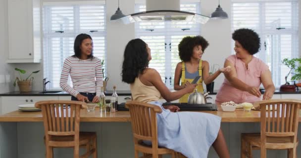 Fröhlich Verschiedene Freundinnen Plaudern Und Kochen Gemeinsam Der Küche Zeit — Stockvideo