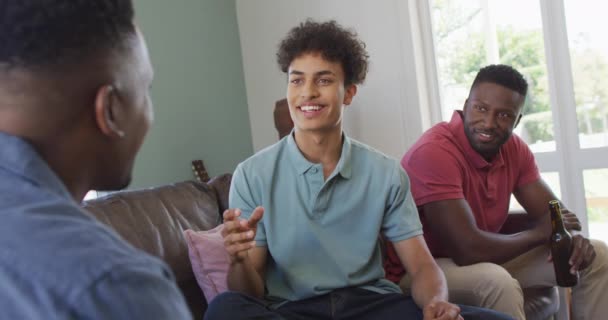 Happy Diverse Male Friends Sitting Talking Living Room Spending Quality — Stock Video