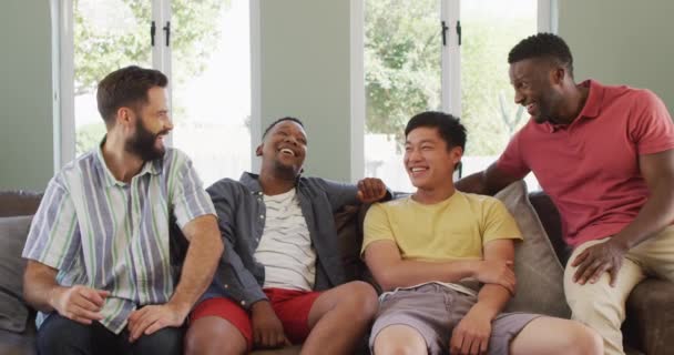 Πορτρέτο Των Χαρούμενων Διαφορετικών Αρσενικών Φίλων Που Κάθονται Και Μιλάνε — Αρχείο Βίντεο