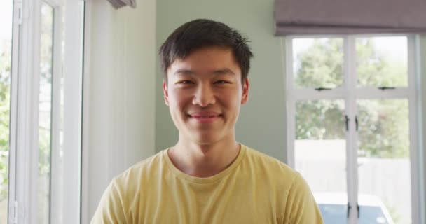 Porträtt Lycklig Asiatisk Man Som Ler Vardagsrummet Tillbringa Kvalitetstid Hemma — Stockvideo