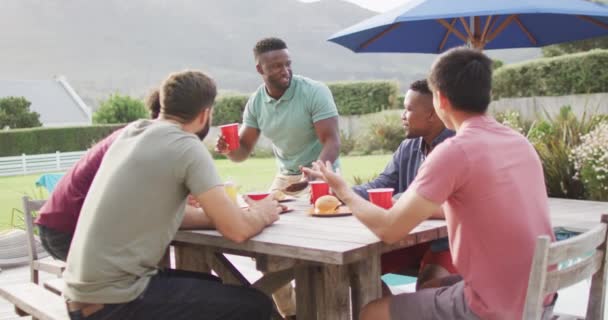 Szczęśliwy Zróżnicowany Mężczyzna Przyjaciele Rozmawiający Pijący Piwo Ogrodzie Słoneczny Dzień — Wideo stockowe