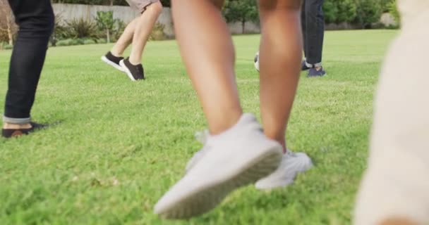 Diversos Amigos Sexo Masculino Jogando Futebol Jardim Dia Ensolarado Passar — Vídeo de Stock