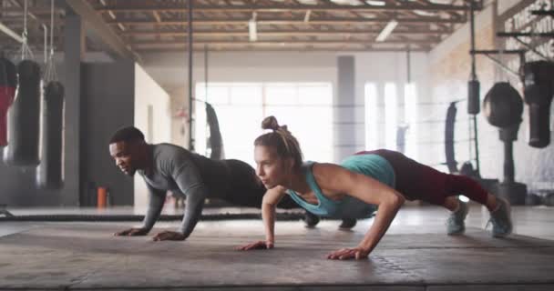 Video Pria Dan Wanita Fit Beragam Melakukan Push Gym Aktif — Stok Video