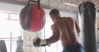 Afrika kökenli Amerikalı bir adamın spor salonunda boks yaptığını gösteren bir video. aktif, formda, sportif ve sağlıklı yaşam tarzı, spor konsepti egzersizi.