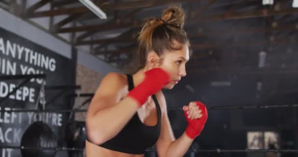 Spor Salonunda Beyaz Kadın Boksunun Videosu Aktif Formda Sportif Sağlıklı — Stok video