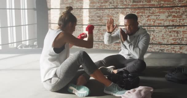 Video Feliz Ajuste Diversa Mujer Hombre Boxeo Gimnasio Estilo Vida — Vídeos de Stock