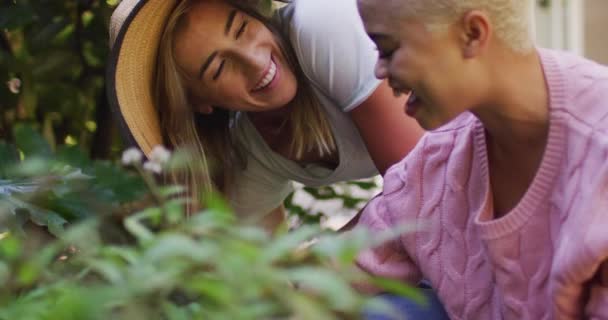 Glückliches Vielseitiges Paar Das Einem Sonnigen Tag Garten Arbeitet Zeit — Stockvideo