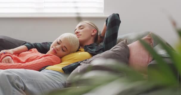 행복하게 커플들 거실에서 포옹하고 있습니다 집에서 질높은 시간을 보내는 — 비디오