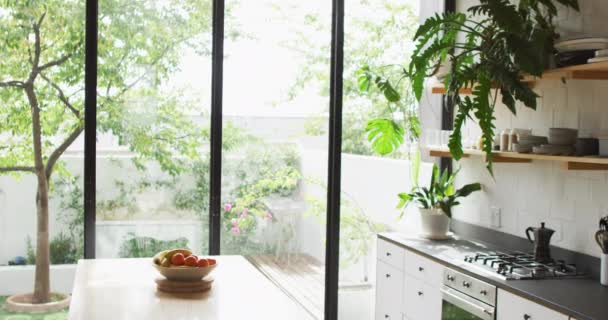 Vista Geral Cozinha Vazia Com Frutas Mesa Passar Tempo Qualidade — Vídeo de Stock