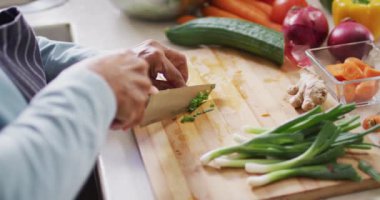 Asyalı son sınıf öğrencisinin evdeki mutfakta sebze doğradığı bölüm. emeklilik yaşam tarzı ve yaşam konsepti