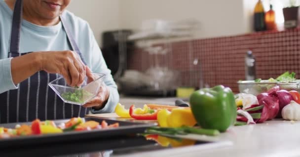 亚洲老年妇女在家里厨房里准备蔬菜沙拉 退休生活方式和生活概念 — 图库视频影像