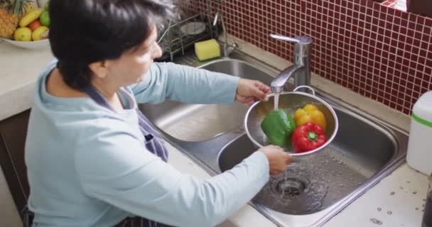 Mujer Mayor Asiática Usando Delantal Lavando Verduras Fregadero Casa Estilo — Vídeos de Stock