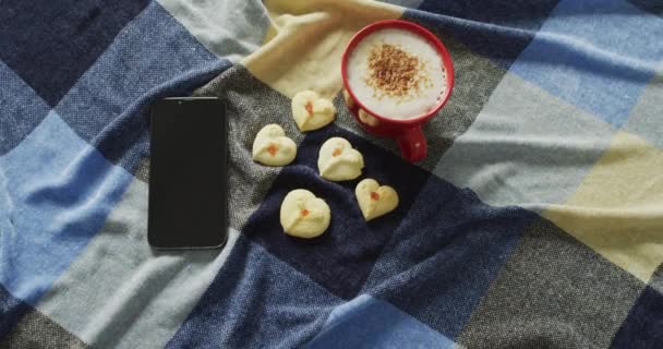 Video Coffee Cookies Smartphone Lying Checked Blanket Seasons Autumn Coziness — Αρχείο Βίντεο