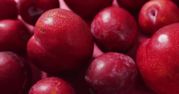 Nagranie Świeżych Śliwek Leżących Różowej Powierzchni Żywność Owoce Odświeżacze Pojęcie — Wideo stockowe