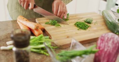 Frenk soğanı kesen melez bir kadının elleri. Yaşam tarzı, yemek pişirme ve ev konseptinde boş zaman geçirme..