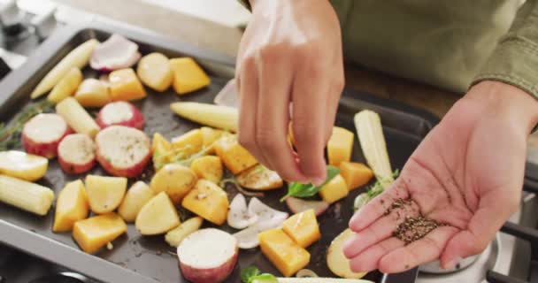 Filmik Pośrodku Birasowej Kobiety Przygotowującej Posiłek Dodającej Zioła Styl Życia — Wideo stockowe