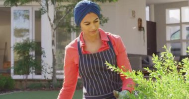 Bahçedeki bitkilerle ilgilenen tesettürlü melez bir kadının videosu. Yaşam tarzı ve evde ve bahçe konseptinde boş zaman geçirmek.