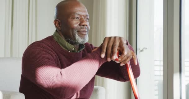 Video Lonely Thoughtful Senior American African Men Living Room Retirement — Vídeo de Stock