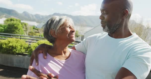 Video Relaxing Senior African American Couple Dancing Garden Retirement Lifestyle — Stockvideo