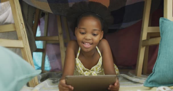 African American Girl Using Tablet Childhood Domestic Life Using Technology — Stockvideo
