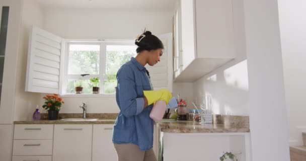 Video Happy Biracial Woman Cleaning Kitchen Lifestyle Household Spending Free — Wideo stockowe