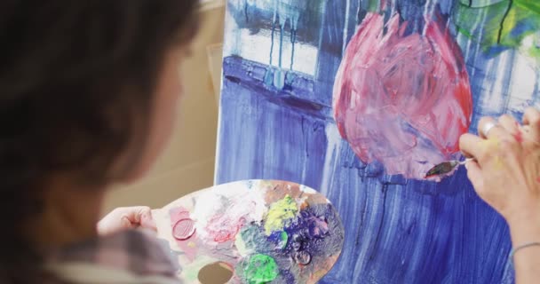 Video Hands Biracial Female Artist Painting Studio Art Crafts Creativity — Stock video