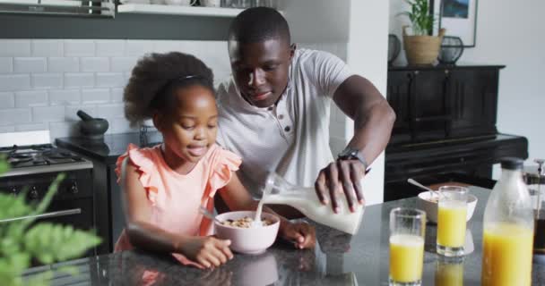 African American Father Daughter Eating Breakfast Enjoying Quality Family Time — Stock video