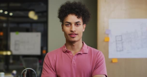 Portret Van Gelukkige Biraciale Zakenman Kijkend Naar Camera Kantoor Werken — Stockvideo