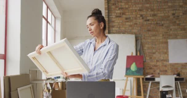 Video Happy Biracial Female Artist Looking Painting Studio Art Crafts — 图库视频影像