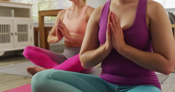 Happy Diverse Female Couple Doing Yoga Together Living Room Meditating — Stockvideo