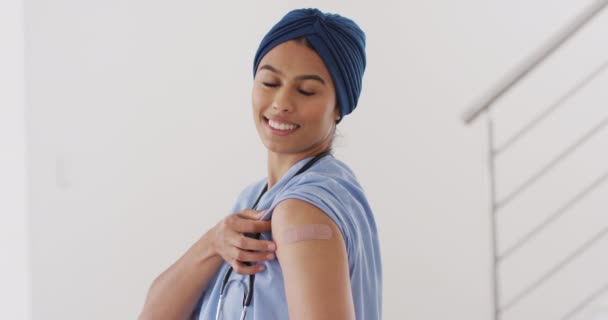 Video Happy Biracial Woman Hijab Showing Plaster Vaccination Health Medicine — Video