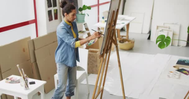 Video Biracial Female Artist Painting Studio Art Crafts Creativity Creation — Stock Video