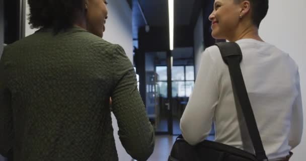 快乐多样的商人讨论工作和在办公室散步 在现代化的办公室工作 — 图库视频影像