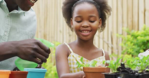 African American Father Daughter Planting Plants Enjoying Quality Family Time — Stockvideo