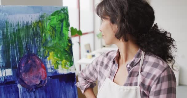 Video Happy Biracial Female Artist Posing Painting Studio Art Crafts — Stok video